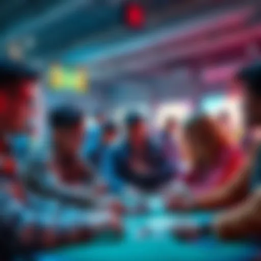 A group of diverse people engaging in discussions about gambling strategies on a forum, showing unity and determination.