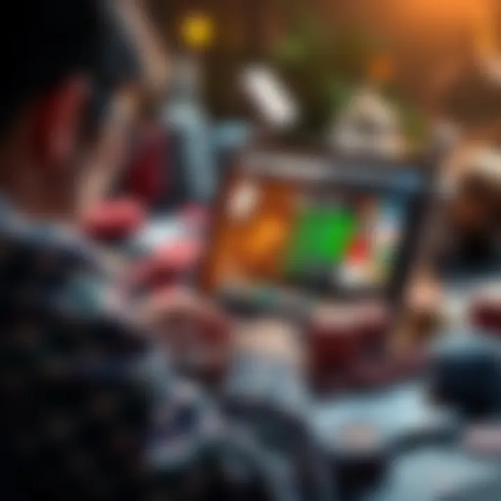 A person looking at a laptop with gambling websites open, expressing concern over illegal payment methods, surrounded by gambling-related items like cards and chips.