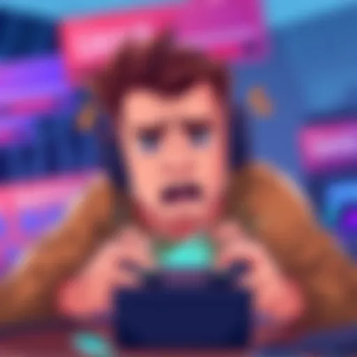 Illustration showing a gamer frustrated by aggressive in-game monetization tactics, with pop-up banners and price tags around them