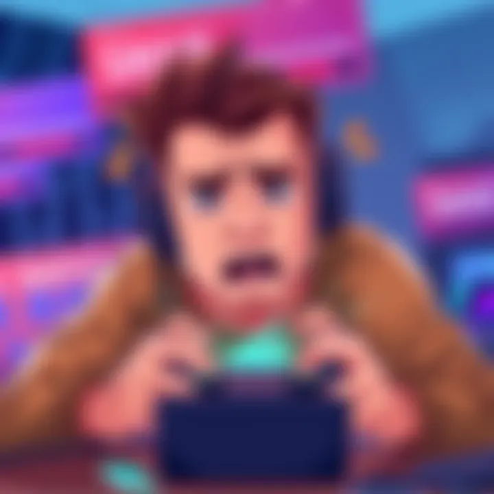 Illustration showing a gamer frustrated by aggressive in-game monetization tactics, with pop-up banners and price tags around them