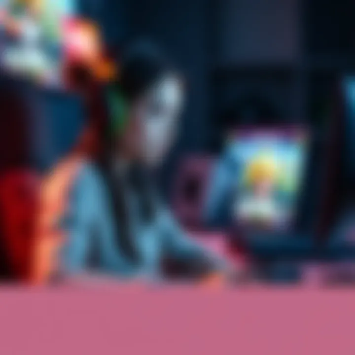 A young woman sitting at a gaming desk, looking anxious while viewing co-op game invitations on her screen. Her gaming setup includes a colorful headset and controller, with a gaming console in the ba...