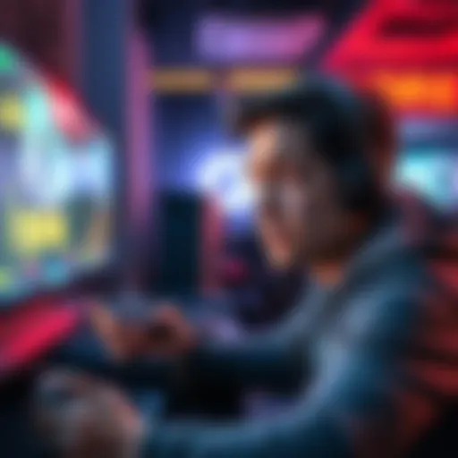 A gamer looks stressed while playing a video game, showcasing a low score on the screen. They appear focused, seeking ways to improve their performance.