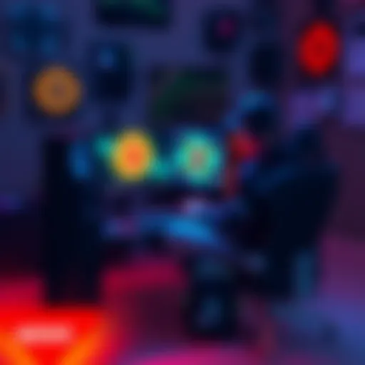 A gamer sitting at a desk with a powerful PC, mining Bitcoin on the screen, surrounded by gaming gear.