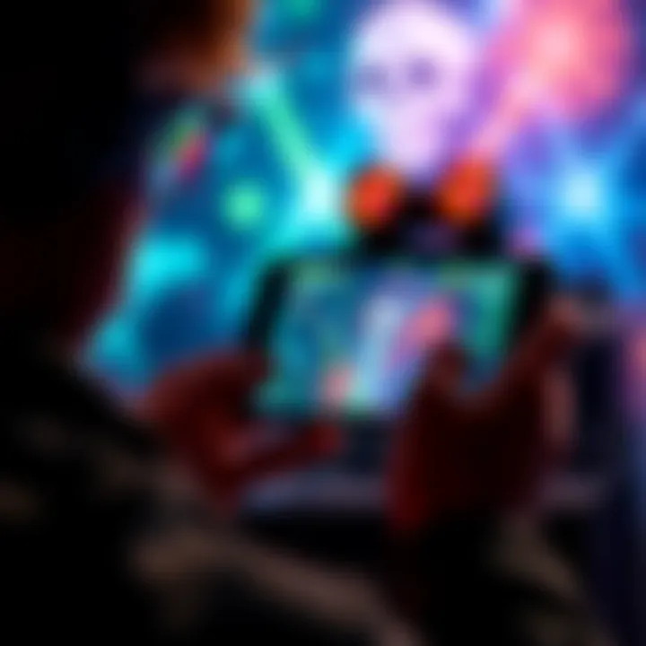 A gamer focused on a handheld device displaying an Atlas Arcade game, while offline and enjoying the gameplay without ads.