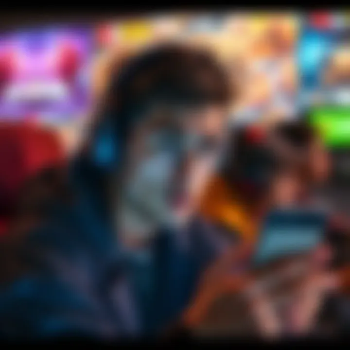 A gamer looking frustrated while searching for opponents in a mobile game app, with a phone in hand and game graphics in the background.