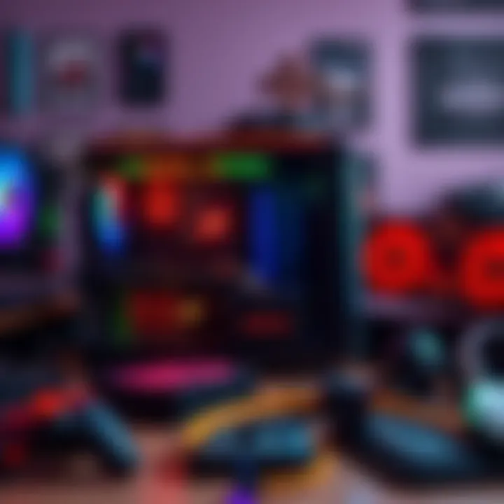 A high-end gaming PC setup with B550 Aorus Elite motherboard, 32GB RAM, RX 7900 XT graphics card, and an SSD, surrounded by gaming accessories.