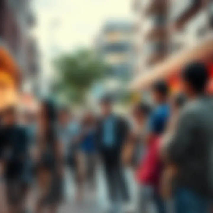 A diverse group of people discussing trends and behaviors influenced by Gav in a lively urban setting.