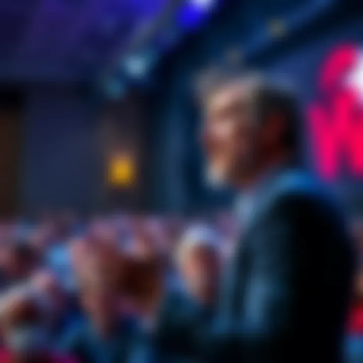 Gavin Wood speaking at a conference, addressing a crowd about crypto news.