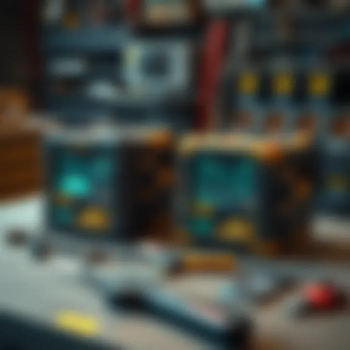 Two GekkoScience miners, Gamma and GT, showcasing updated user interfaces and features, set on a table with tools nearby.