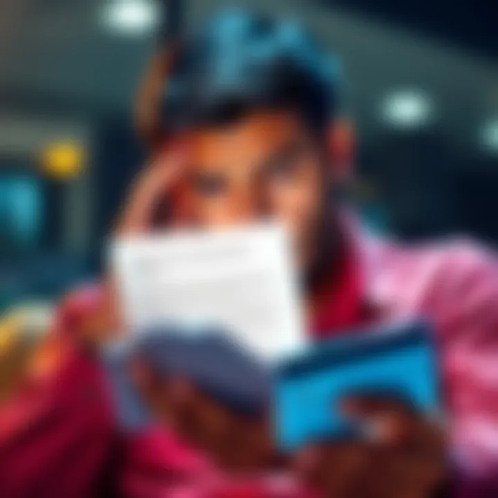 A frustrated customer looking at an email about a $200 credit card reward while holding a credit card in hand, symbolizing confusion over eligibility.