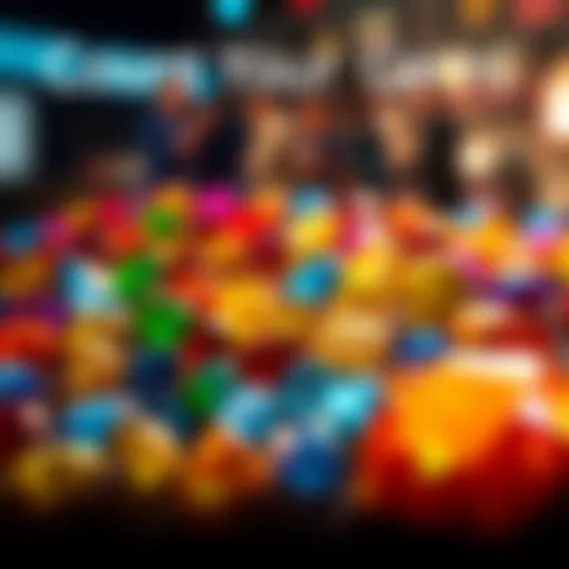 A collection of shiny gems in various colors, symbolizing rewards earned from missions and challenges. People discussing the total gems they have gathered.