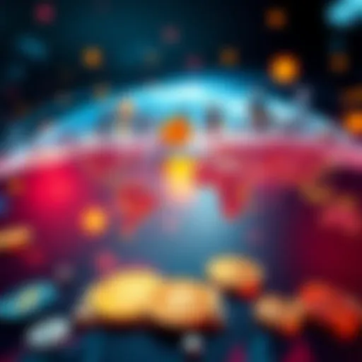 A graphic showing the relationship between global events and cryptocurrency market changes, with symbols representing currencies and world maps.