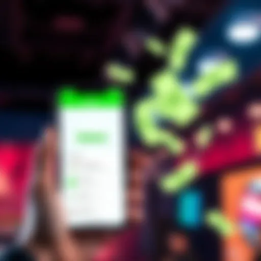 A person holding a smartphone showing the Rebet app with cash symbols around it