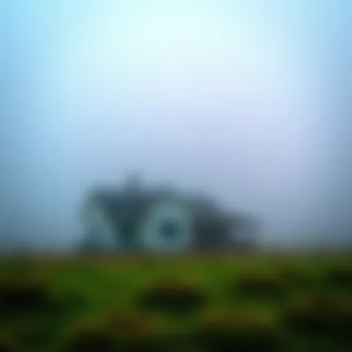A rural ghost cottage shrouded in fog, sitting mysteriously on grassy land.