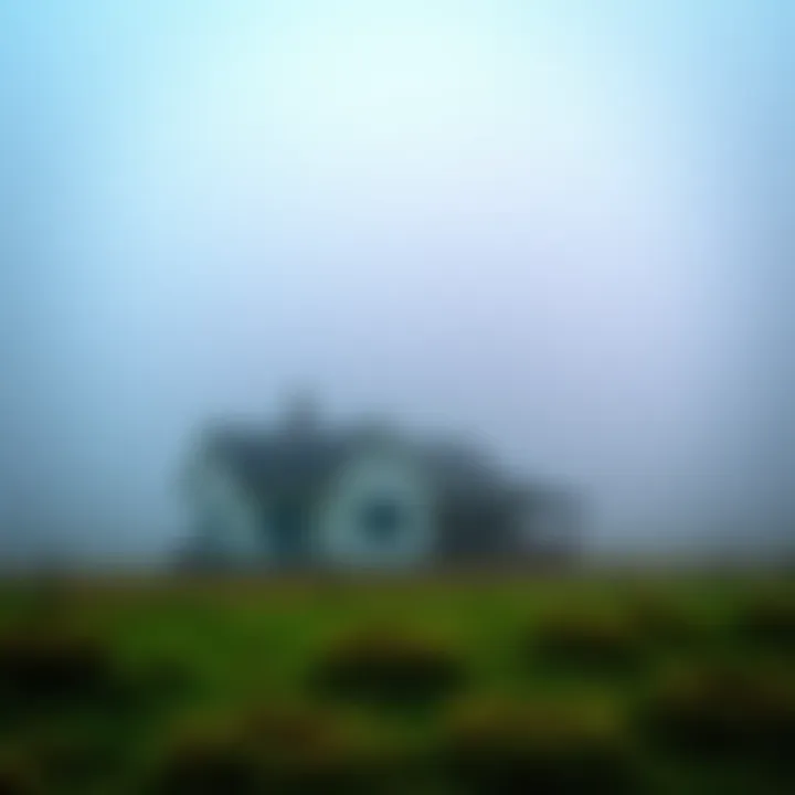 A rural ghost cottage shrouded in fog, sitting mysteriously on grassy land.