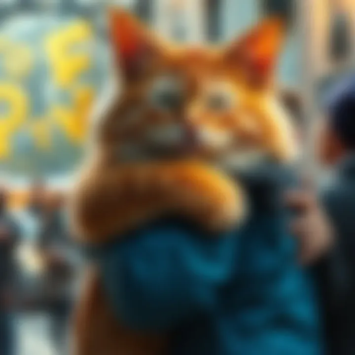 Giant ditch-kitty hugging a person A large, affectionate cat surrounded by people, giving and receiving hugs, creating a joyful atmosphere in the community.