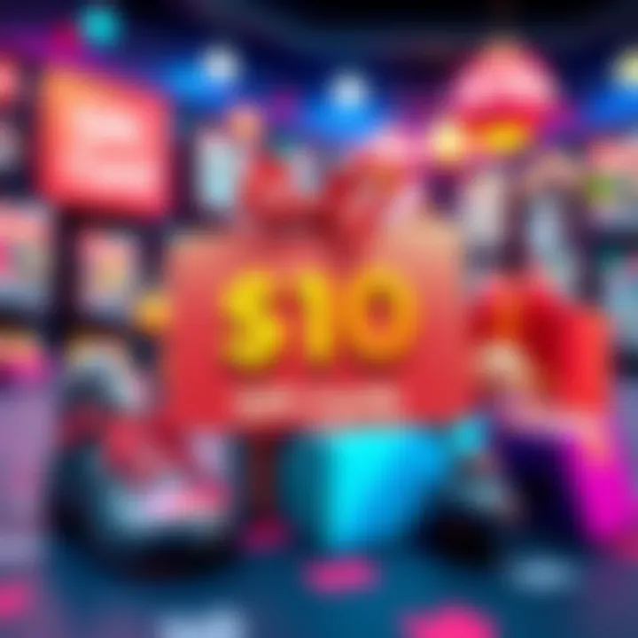 A colorful depiction of a $10 gift card with shopping items around it, promoting a contest for sharing useful purchases under $10.