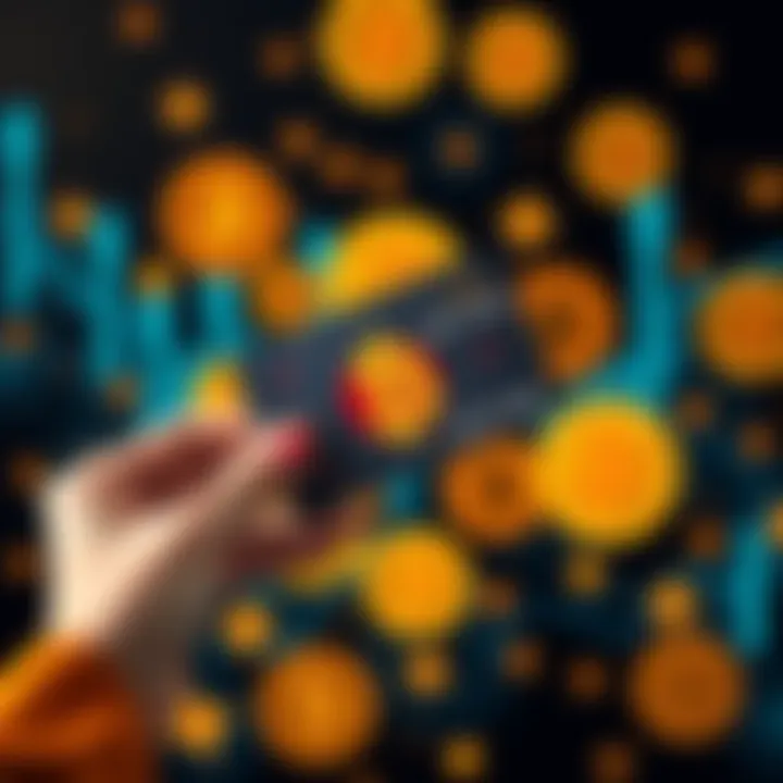 A person holding a gift card with Bitcoin symbols in the background, representing the exchange of gift cards for cryptocurrency