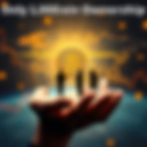 A visual representation showing a small group of people holding Bitcoin coins with a world map in the background, symbolizing the limited ownership worldwide.