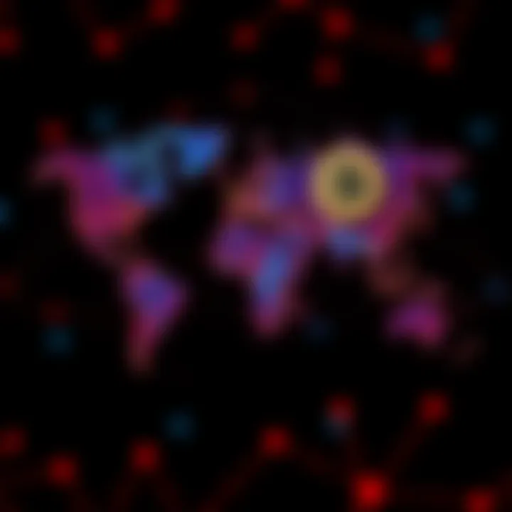 A world map showcasing cryptocurrency symbols connected across different regions, representing the borderless nature of crypto networks and varying adoption rates.