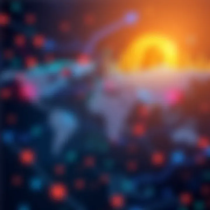 A digital illustration showing a network of banks and tech companies connecting globally with arrows symbolizing fast transactions, alongside a fading Bitcoin symbol in the background.