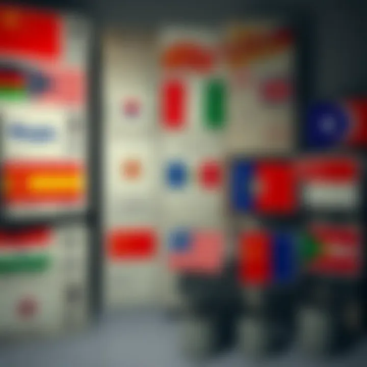 Global Postage Rates A display of different postage options with international flags and non-machinable surcharge signs