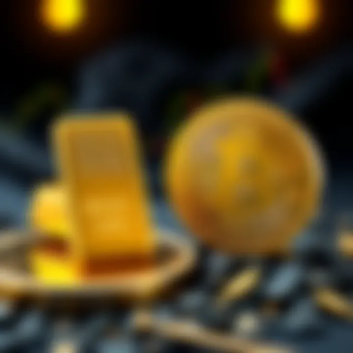 A visual showing gold bars stable on one side and a Bitcoin symbol dropping on the other side, representing contrasting price movements.