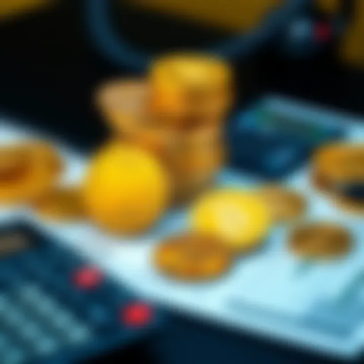 Pax Gold and Tether Gold coins on a table with a calculator and financial documents