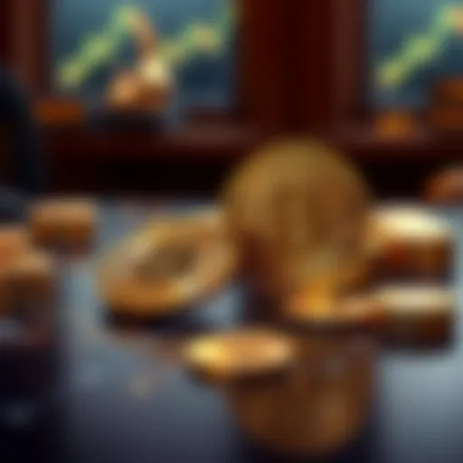 A gold bar and a Bitcoin coin placed on a table, symbolizing the trade between gold and Bitcoin.