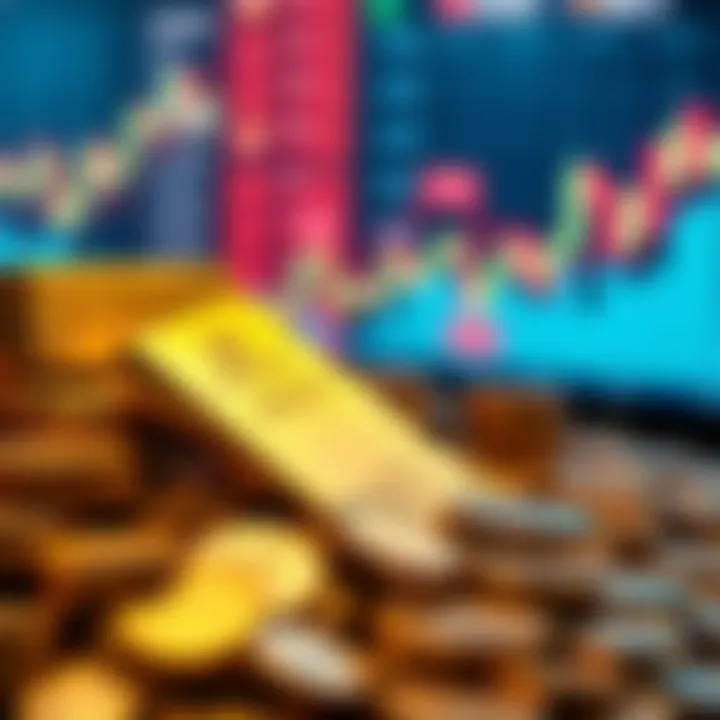 A pile of gold bars and coins symbolizing investment options, with a blurred background of financial charts and graphs.