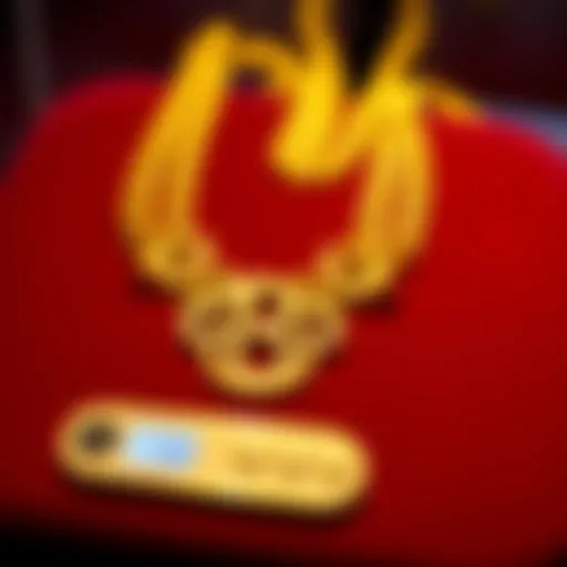 A close-up of a shiny gold necklace weighing 73 grams, highlighting its design and any attached stones, placed on a velvet surface.
