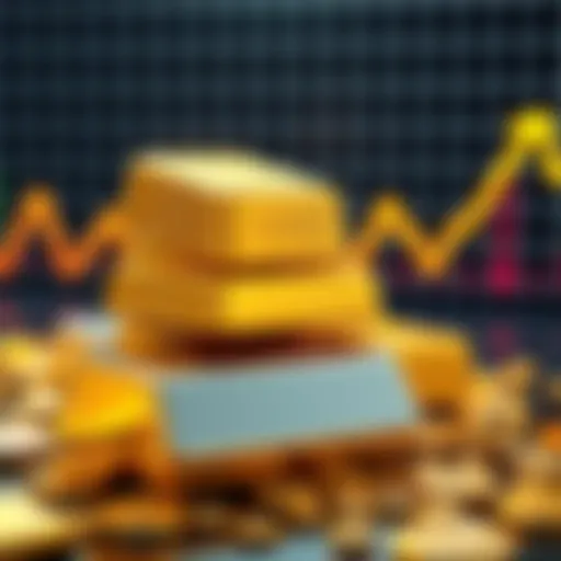 Stack of gold and silver bars with a graph showing an upward trend in the background