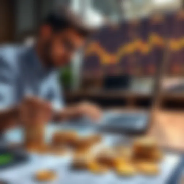 A person calculating investment in gold with gold coins and a laptop on the table, discussing trading options