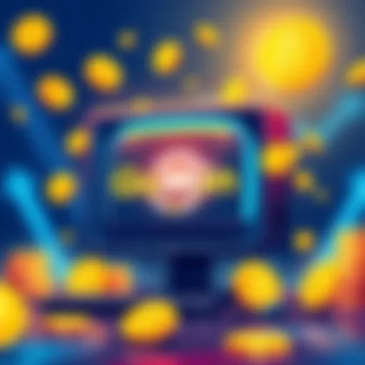 An illustration showing a computer setup for cryptocurrency mining with Bitcoin symbols and dollar signs around it.