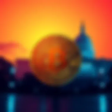 A digital coin with a government building silhouette in the background, representing government-backed cryptocurrency.