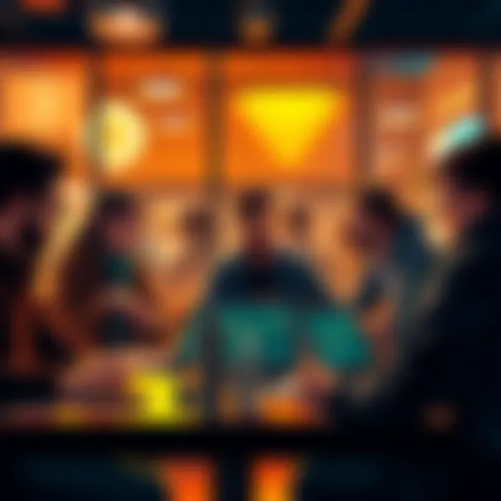 A group of worried Bitcoin enthusiasts discussing government surveillance at a cafe, with charts and graphs of Bitcoin trends on their laptops.