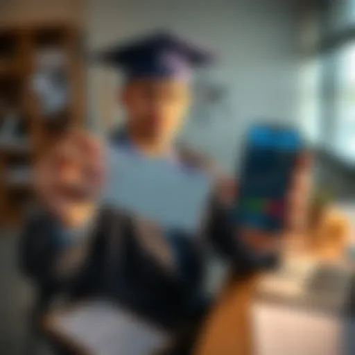 A recent graduate holding a paycheck in one hand and a smartphone displaying cryptocurrency charts in the other. The background shows a desk with financial documents and a laptop.
