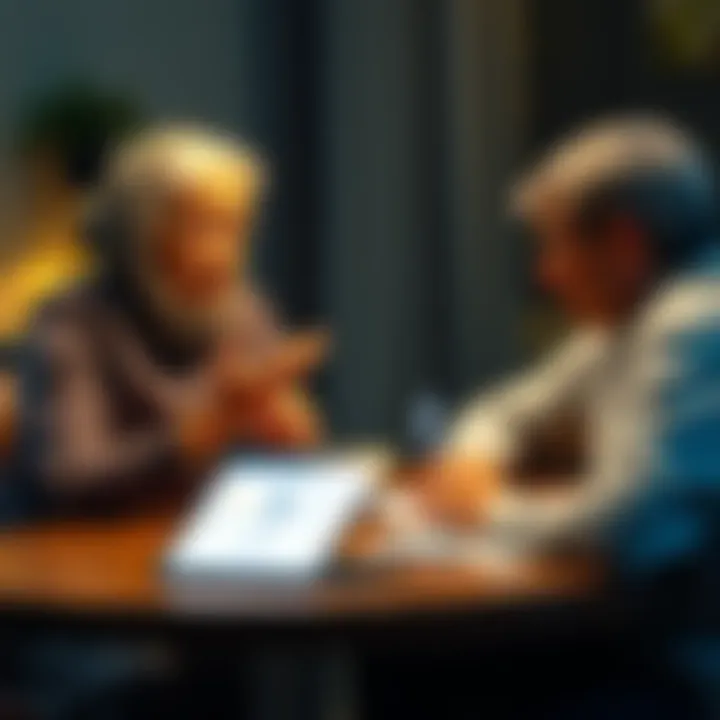 An elderly woman sitting at a table with a young person explaining Ethereum using simple visuals and diagrams, with a laptop open showing a blockchain concept.