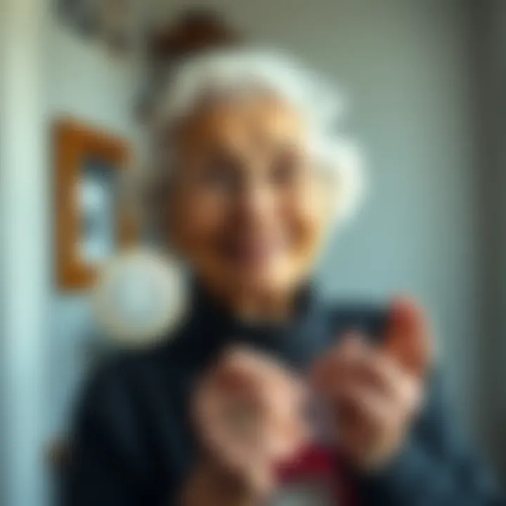 A cheerful grandmother smiles while holding a physical representation of Litecoin, showcasing the humorous connection between cryptocurrency and attractiveness.