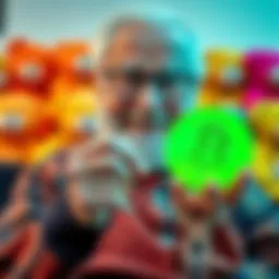 An elderly man smiling while holding a digital currency symbol, with a background of toys resembling beanie babies