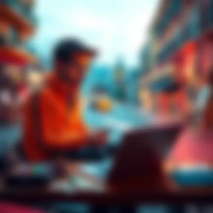 Graphic Designer Seeking Job Tips A graphic designer in Porto looking for advice on applying to Revolut, with a laptop and design materials around them.