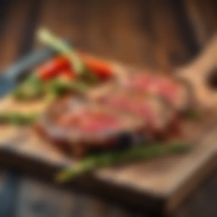 A juicy 100% grass-fed steak on a wooden cutting board, showcasing marbling and tenderness, ready to be cooked.