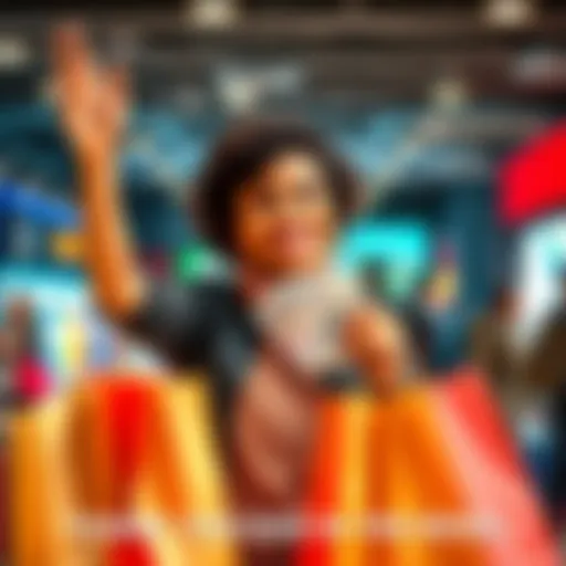 A person joyfully holding shopping bags while counting cash, expressing gratitude for their successful earning day