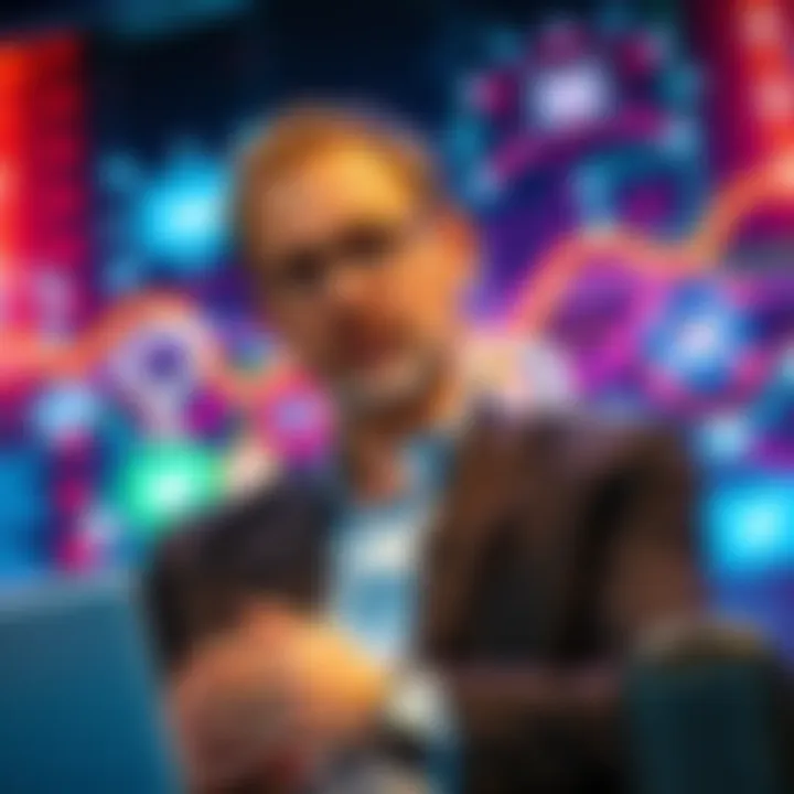 Gregg Bell speaking at a digital forum about quantum threats to Web3, with a backdrop of technology-themed graphics