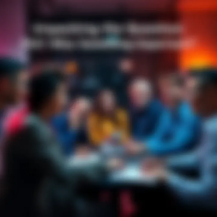 A group of people engaged in a discussion about recent news, with notes and laptops around them, showing a variety of reactions and expressions of curiosity.