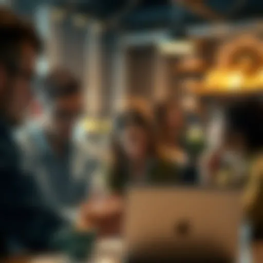 A group of people discussing investments online, some looking uncertain and others confident, representing feelings of doubt and commitment in investment groups.