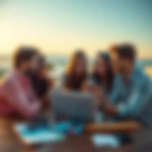 A group of friends discussing vacation plans with a laptop and credit cards on the table