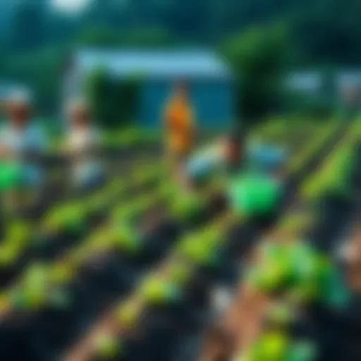 A flourishing farm with six workers planting crops and tending to plants