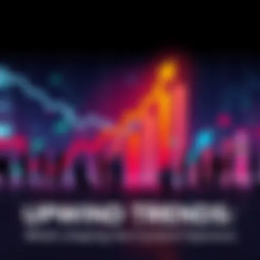 A graph showing an upward trend with arrows and people discussing around it