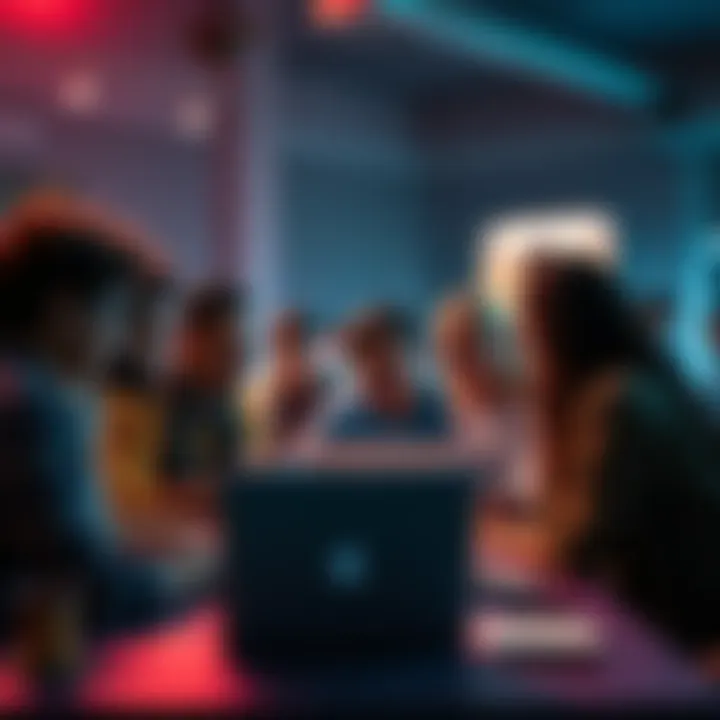 A group of diverse people gathered around laptops, discussing ideas for a hackathon.